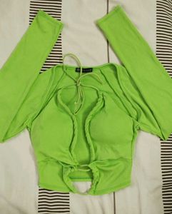 Imicoco Neon Green Ribbed Tie Up Crop Top