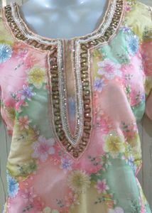 Multi Colour Kurti Plazo Set With Neck Handwork