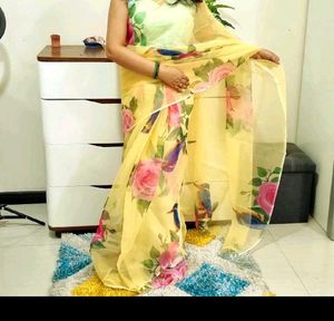 Lemon Yellow Digital Print Organza Saree