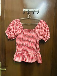 Red Gingham Puff Sleeve Top With Customised Lace
