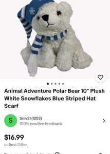Polar Bear Whit Snowflakes Blue Striped Hat &scarf