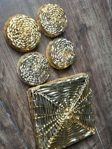 Gold Woven Coaster Set with Tray