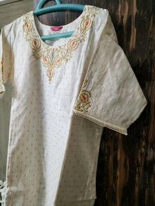 Cream And Orange Chanderi Silk KURTI