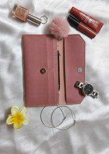 Trendy Pink Wallet with Pom-Pom Charm – Like New