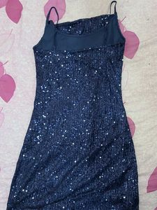 Navy Blue Sequined Shoulder Strap Mini Dress