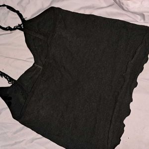 Black Ribbed Cami with Lace Trim