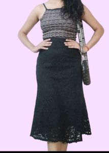 Elegant Lace Black Skirt With A Crop Top