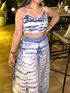 White And Blue Tie Dye Coord Set- Top Slit Palazzo
