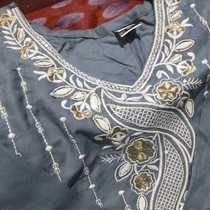 New Embroidered Gray Kurta And Bottom Set