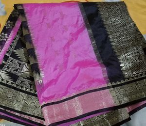 Pink &amp; Black Chanderi Silk Saree