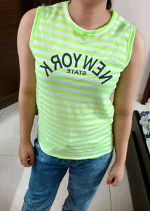 Women Green Striped Printed Casual Tank Top