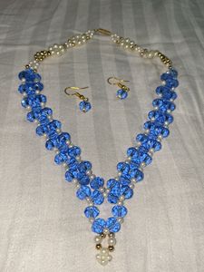 Blue Crystal &amp; Pearl Necklace Earrings Set