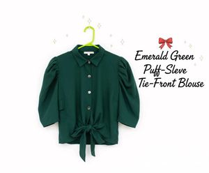 Emerald Green Puff-Sleeve Tie-Front Blouse