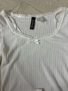 White Ribbed H&amp;M Lace Trim Top