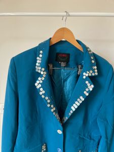 Aqua Blue Single Breasted Blazer with Sequins Bead
