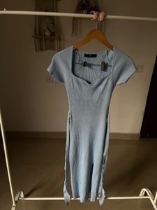 BLUE RIB-KNIT  BODYCON MIDI DRESS
