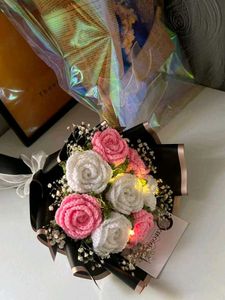 Crochet White Pink Rose Bouquet