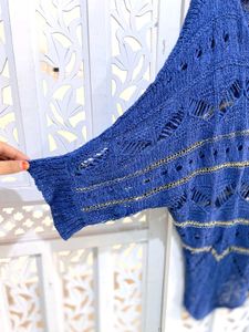 Stylish Blue Crochet Knit Batwing Top B