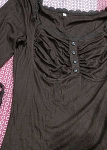 Brown Lace Trimmed Long Sleeve Top
