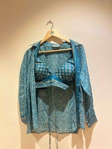 Teal Printed Bikini Top Set & Shirt