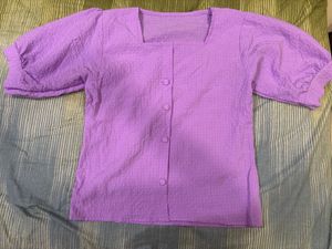 Purple Puff Sleeve Button-Down Top