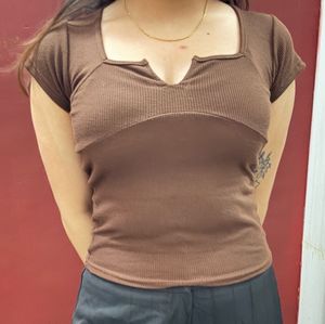Brown Ribbed V-Neck Top