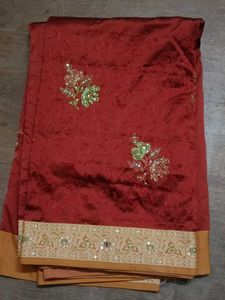 Embroidered Maroon Sari with Gold Border