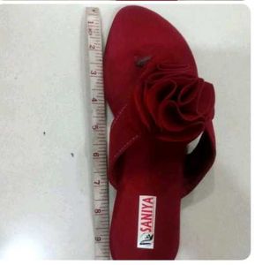 Red Colour Floral Flat Slippers