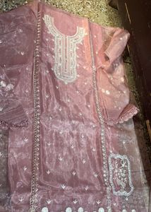 Pure SILk Peach Color Embroidery Suit With Heavy D