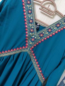 Aliya Cut🩵Teal Embroidered Maxi Dress - Size XXL