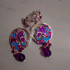 Purple Bird &amp; Flower Dangle Earrings