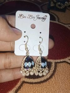Navy Blue With White Pearl Jhumka Earrings