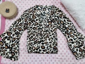 Leopard Print V-Neck Top With Bell Sleeves