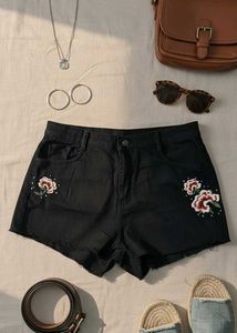 Black Floral Denim Shorts