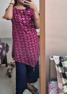 Foil Print Asymmetric A-line Wine Colour Kurti