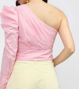 Pink One-Shoulder Puff Sleeve Crop Top