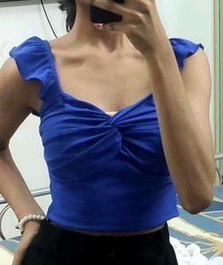 Blue Ruffle Sleeve Crop Top