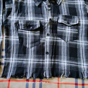 Black &amp; White Plaid Cropped Flannel Shirt
