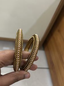 Golden Bangles With Pink Colour Pearls