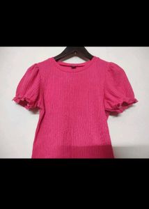 Pink Ribbed Puff Sleeve Top - Shein