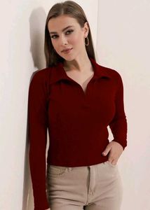 Burgundy Long Sleeve Polo Top