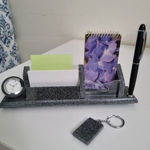 Granite Desk Organizer With Clock &amp; Pen Holder With Keychain