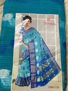 Cotton Blend Saree Cyan Colour With
