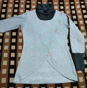 High Neck Front Open Designer Grey Top For Women