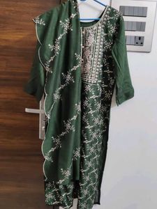 Dark Green Full Embroidery Kurti With Shawl
