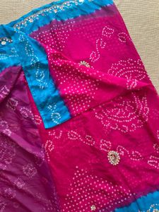 Blue And Pink Bandhani Heavy Saree