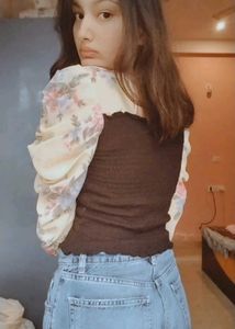 Floral Sleeve Brown Crop Top