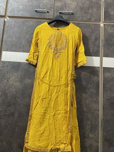 Yellow Embroidered Kurti With Attached Shrara