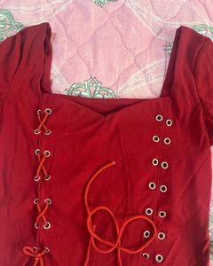Red Lace-Up Long Sleeve Top