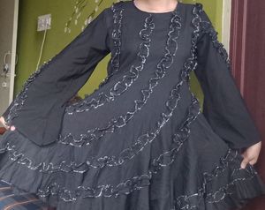 Ruffled Black Dress with Bell Sleeves